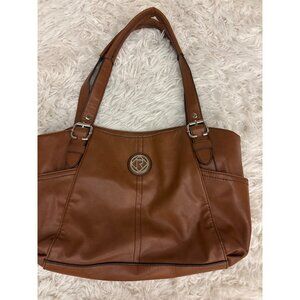 Relic By Fossil Brown Faux Leather Tote Bag With Outer Pockets & Silver Logo Acc